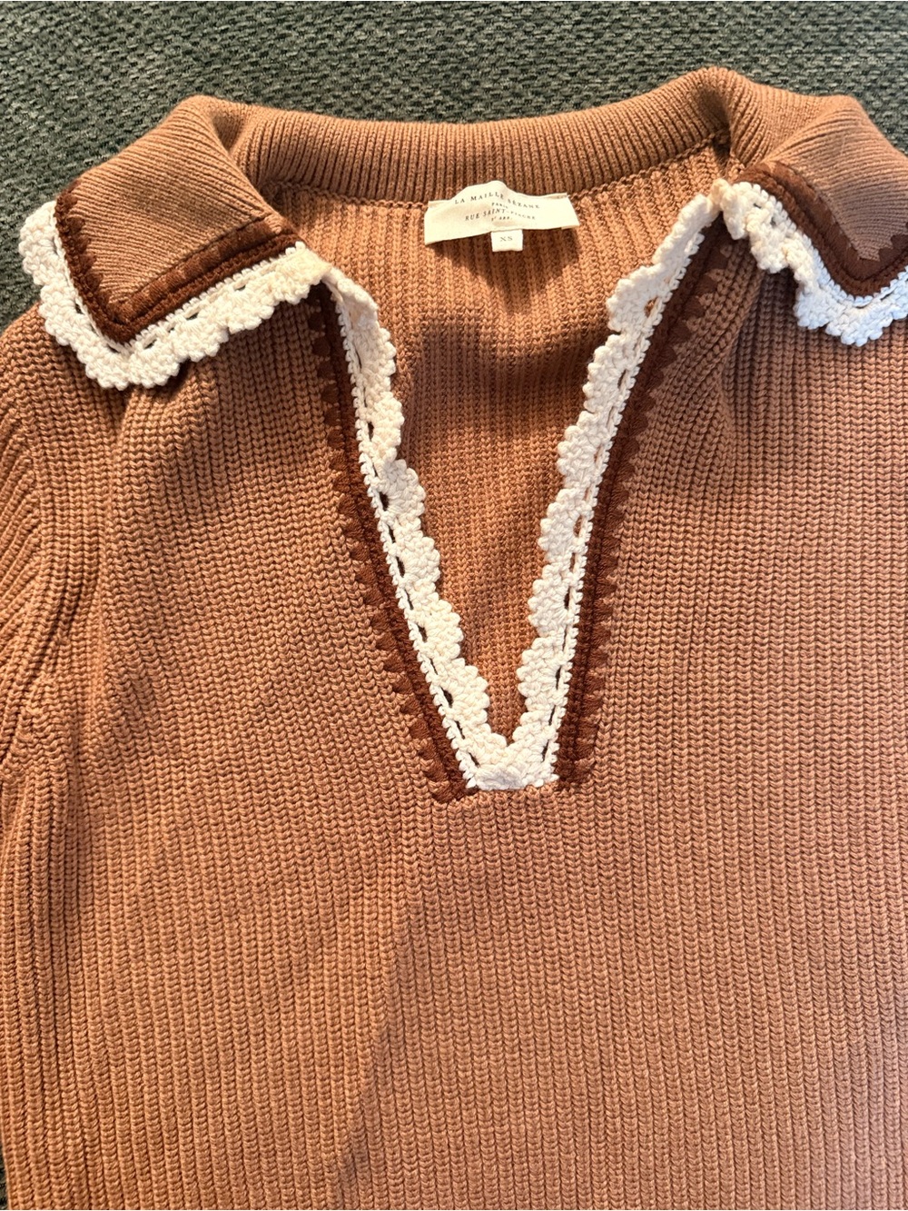 Sezane Ivane Sweater Camel With Ecru Details - Size XS